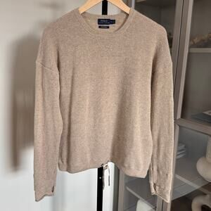 Polo Ralph Lauren Performance Cashmere Sweater Tan Waffle Knit Long Sleeves L